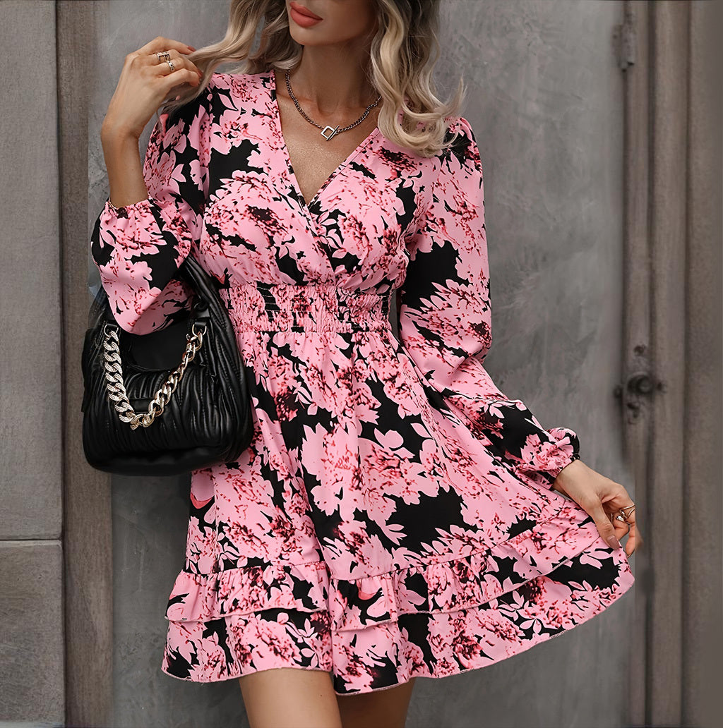 Bohemian Floral Printed V-Neck Mini Dress - Flowy Lantern Sleeve Ruffled Casual Dress Feminé Luxé