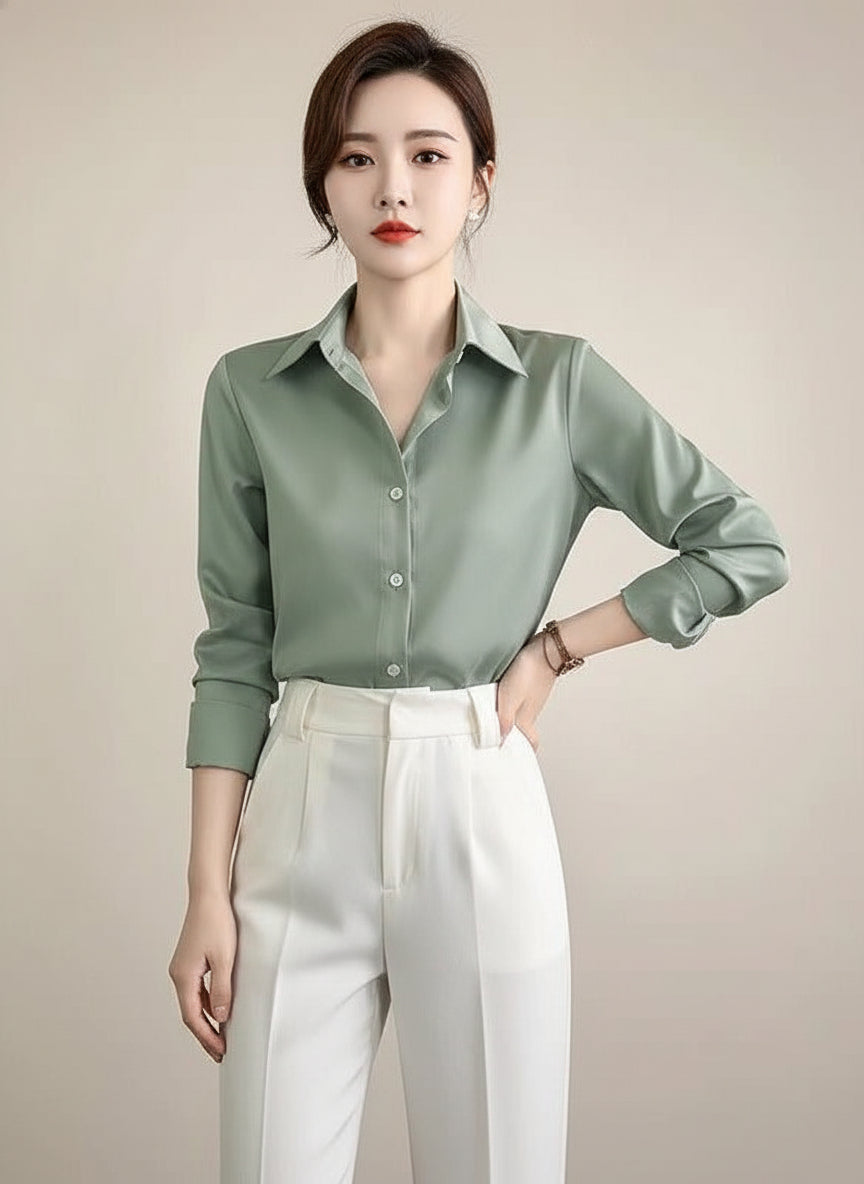 High-Grade Satin Glow Shirt – Luxe Minimal Elegance Feminé Luxé