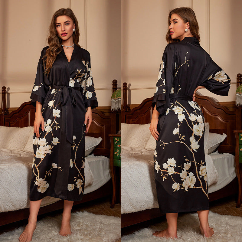 Elegant Printed Satin Maxi Kimono Robe | Luxurious Night Gown Feminé Luxé