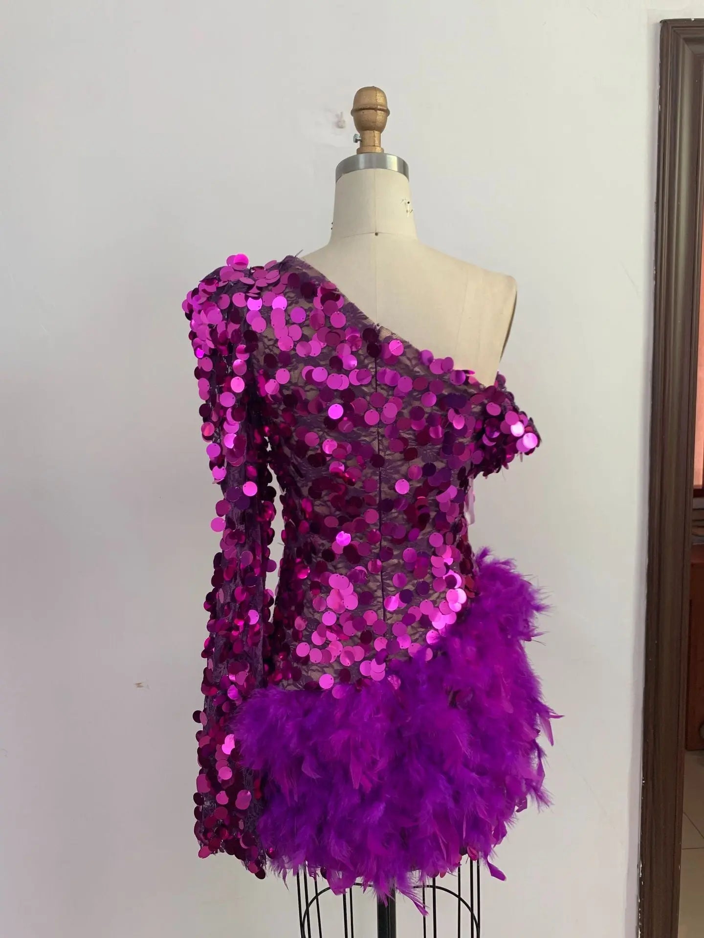 Royal Amethyst™ Feather & Sequin One-Shoulder Luxury Dress Feminé Luxé
