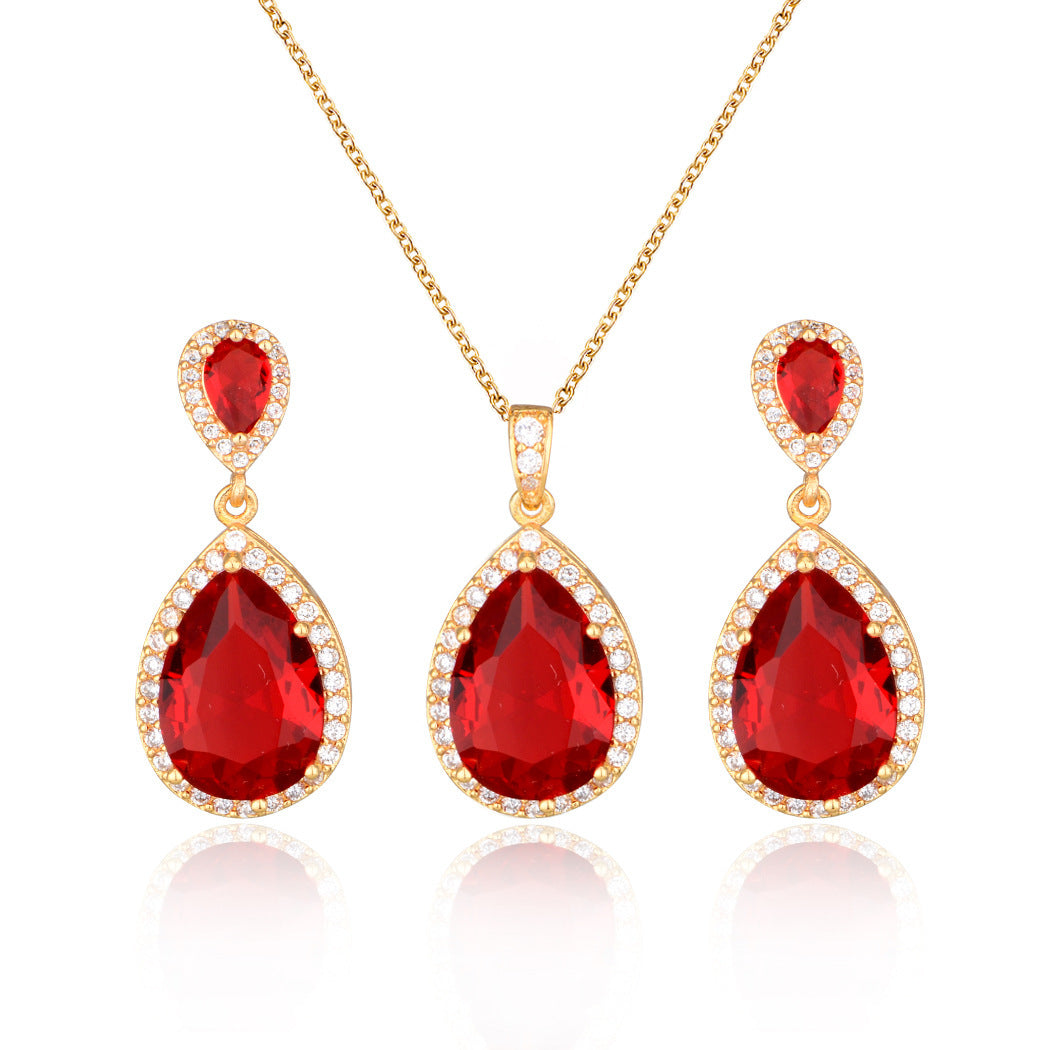 Vibrant Teardrop Zircon Bridal Set: Diamond-Treated Necklace & Earrings in 14K Gold/Platinum Plating for Bold Elegance Feminé Luxé