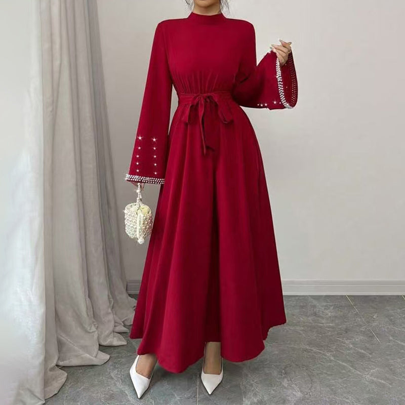 Elegant High-Neck Maxi Gown | Long Sleeve Embellished Belt Event Dress Feminé Luxé