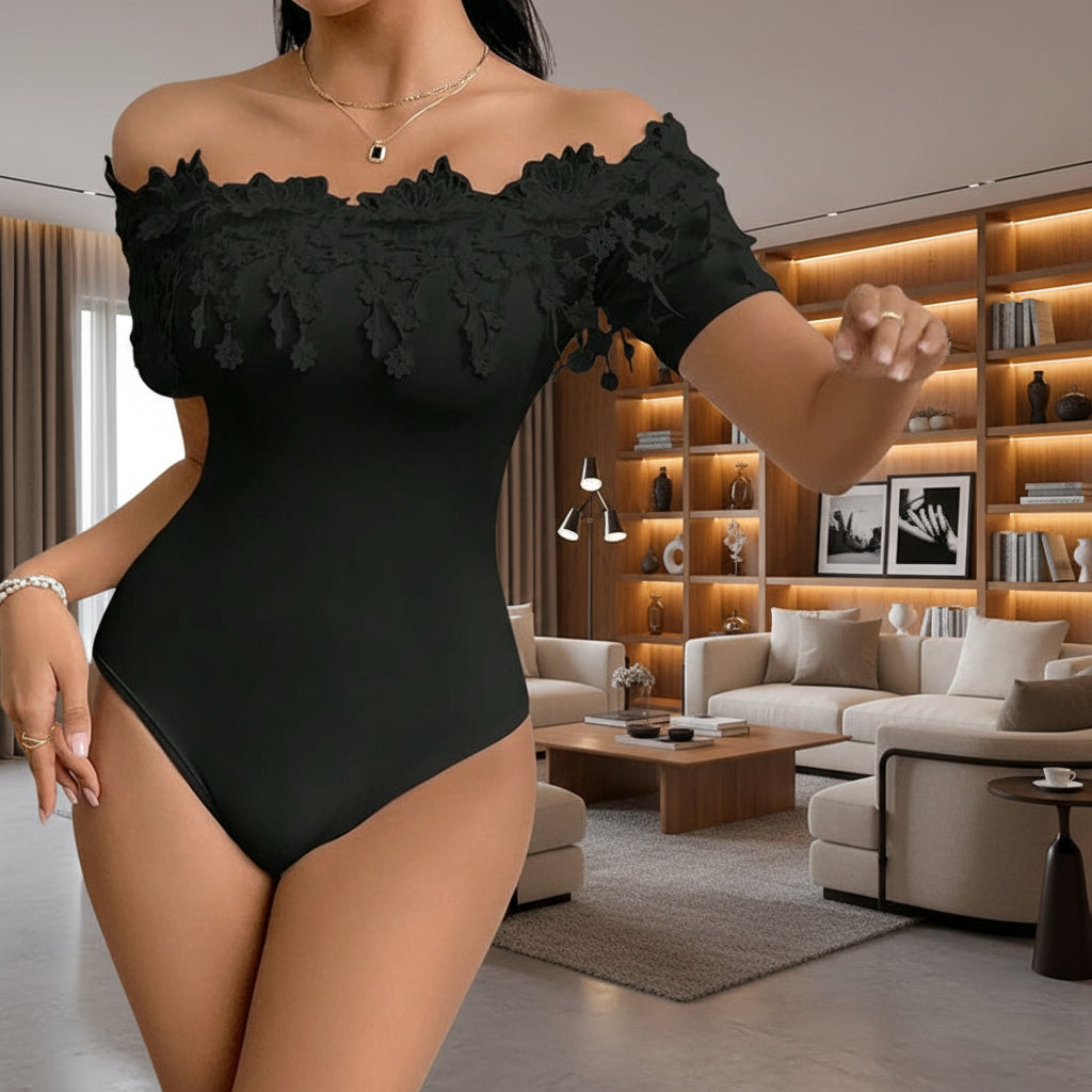Romantic Off-Shoulder Lace Trim Bodycon Bodysuit Feminé Luxé