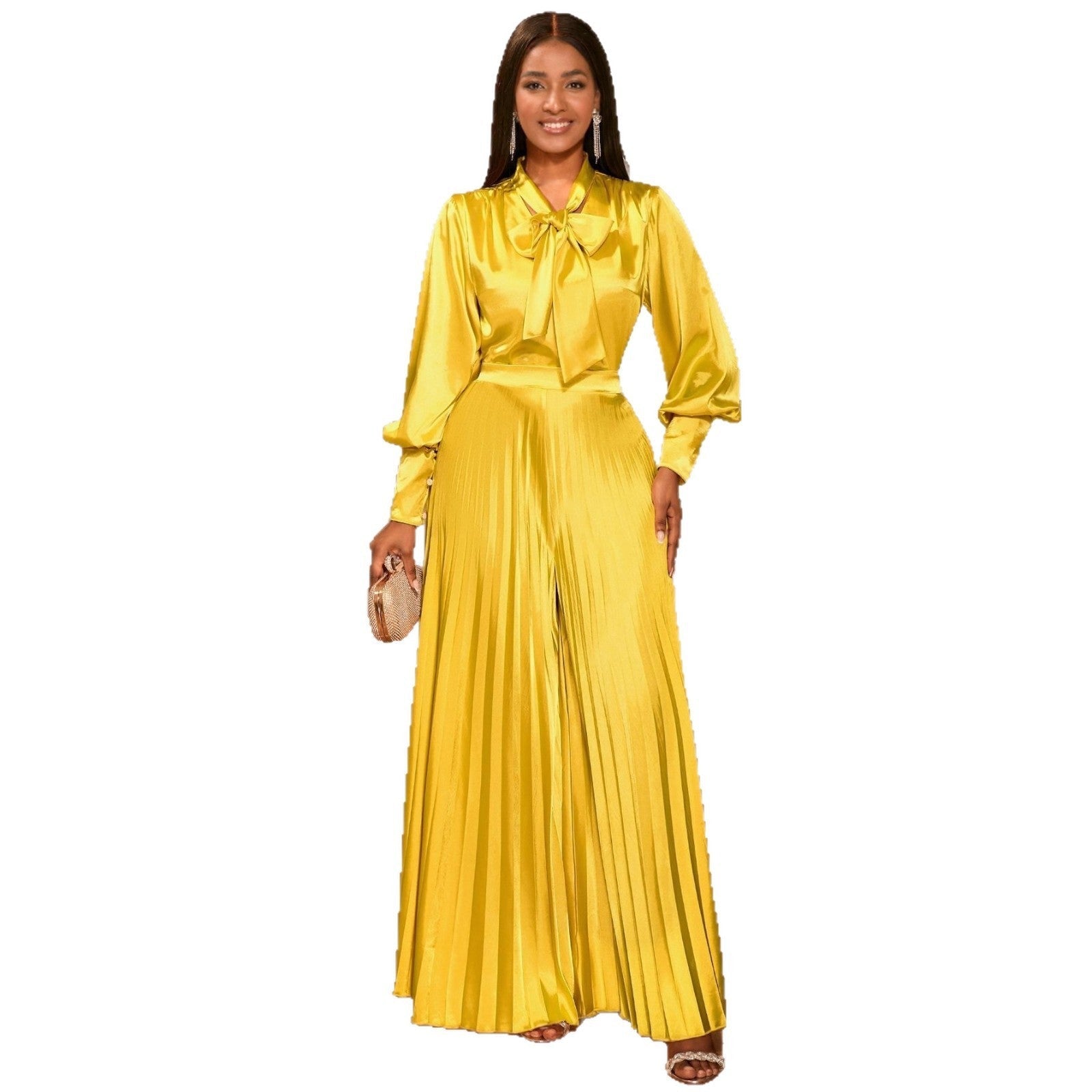 Gold Satin Bow Blouse & Pleated Wide-Leg Set Feminé Luxé