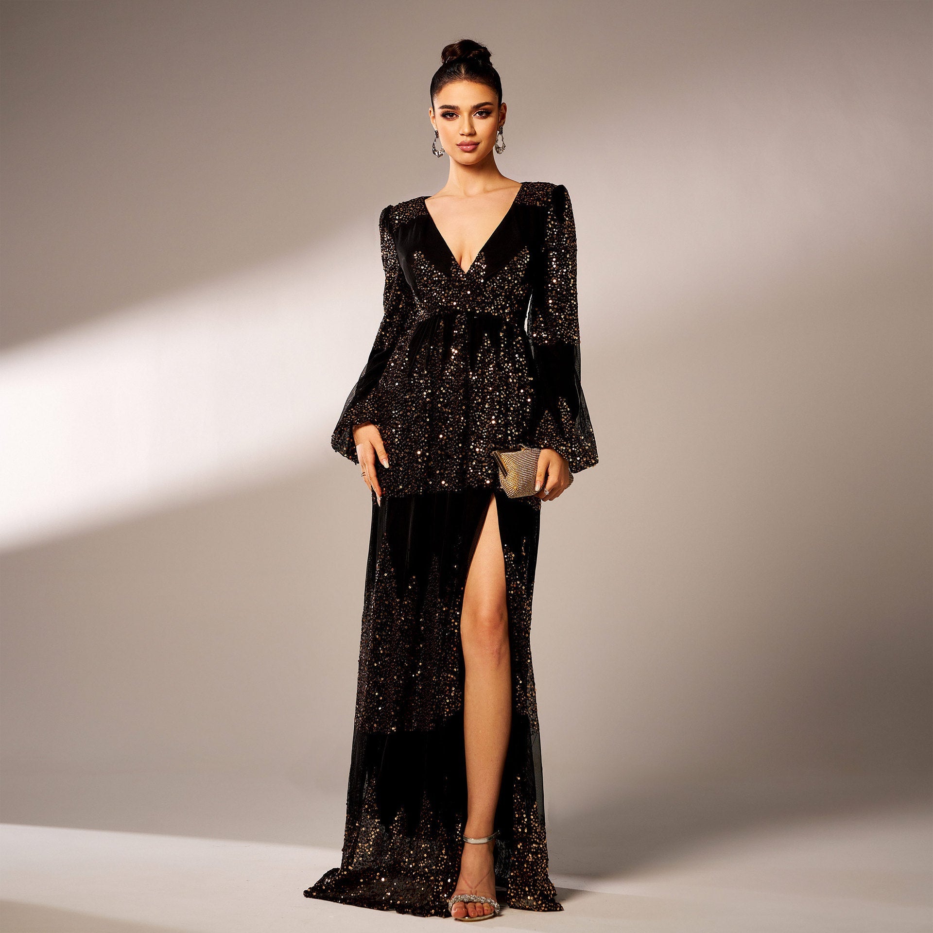 Long Sleeve V-Neck Sequined Evening Dress – Elegant Slit Design Feminé Luxé