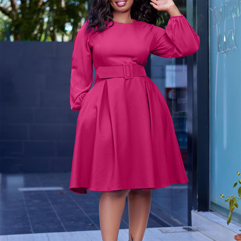 Belted Long Sleeve Swing Dress Feminé Luxé