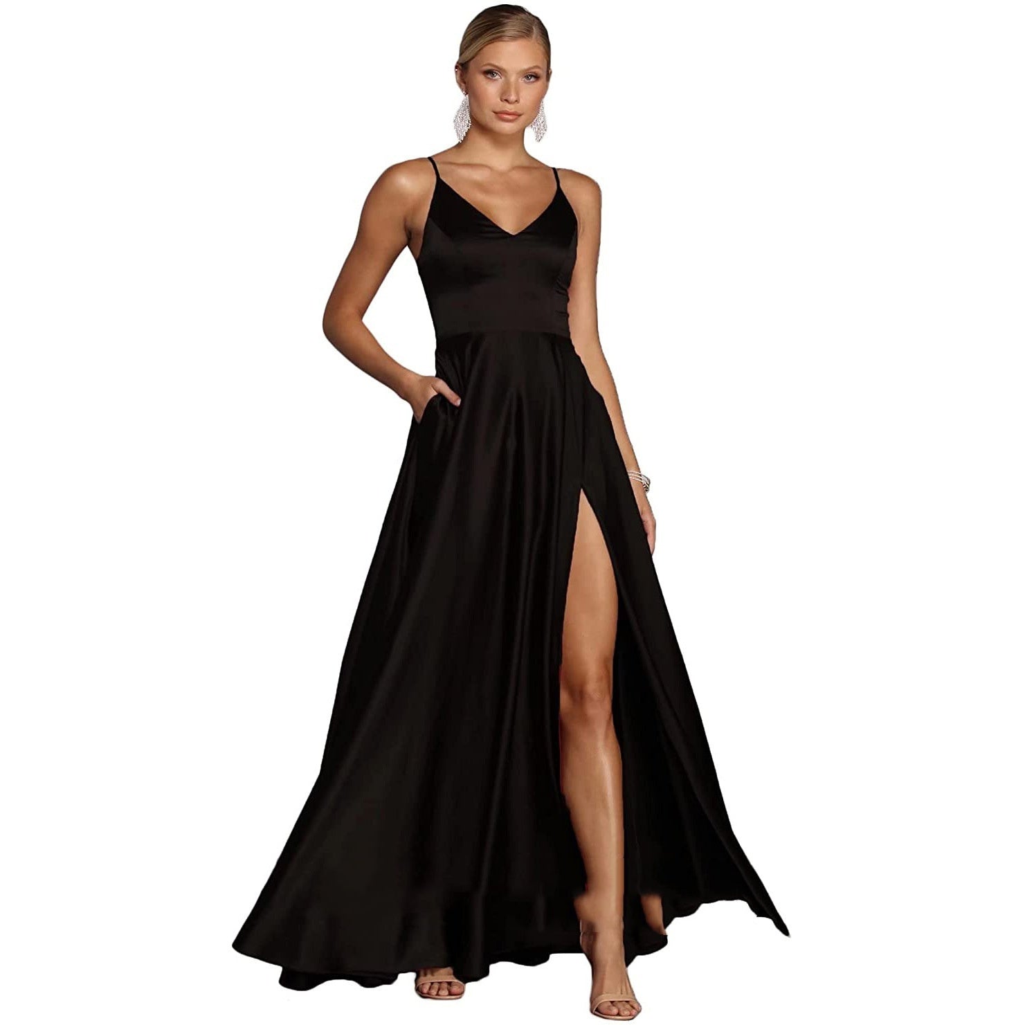 Elegant Satin V-Neck A-Line Long Evening Dress Feminé Luxé
