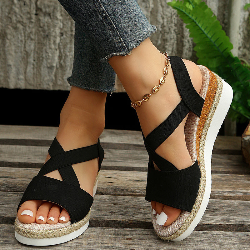 The Rhodes Gladiator Wedge: Cross-Strap Platform Canvas Heel Feminé Luxé