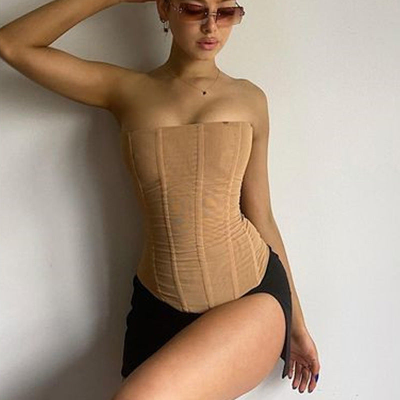 Ruched Mesh Tube Corset Crop Top - Strapless Tank Bustier for Streetwear Feminé Luxé