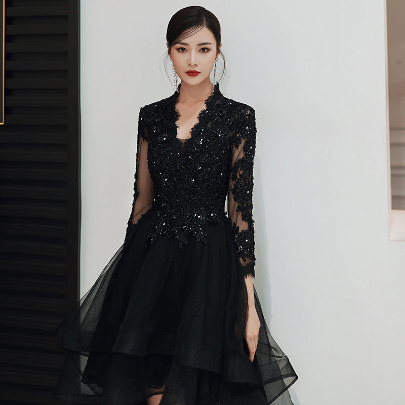 Elegant Black Lace Evening Gown with Sheer Sleeves Feminé Luxé