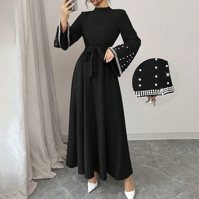 Elegant High-Neck Maxi Gown | Long Sleeve Embellished Belt Event Dress Feminé Luxé