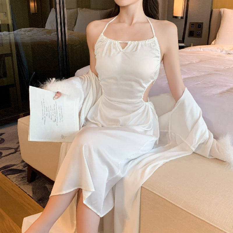 Luxurious Stretch Satin Night Gown / Robe - Long Sleeve Halter Dress Feminé Luxé