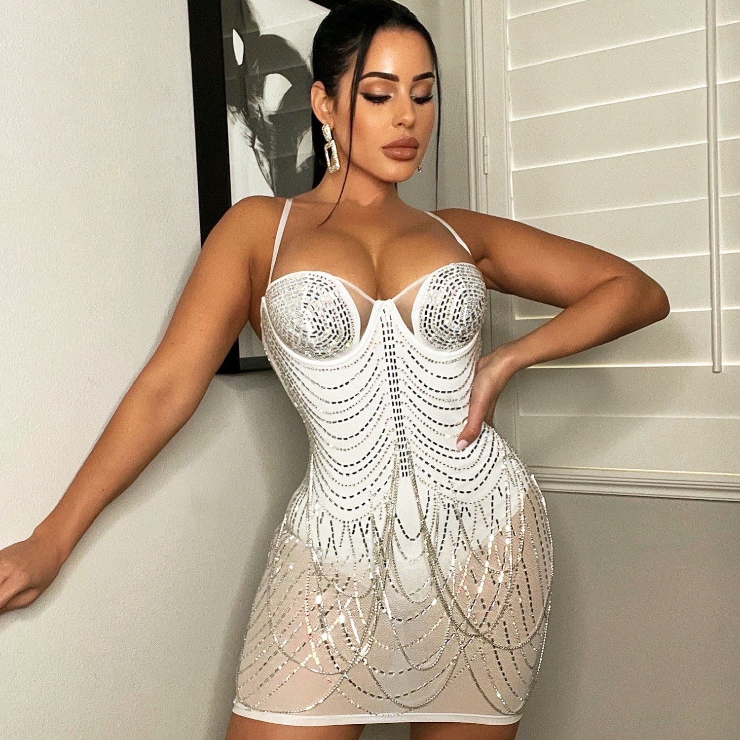 Glamour Crystal Tassel Mini Dress | Bodycon Rhinestone Strappy Party Dress Feminé Luxé