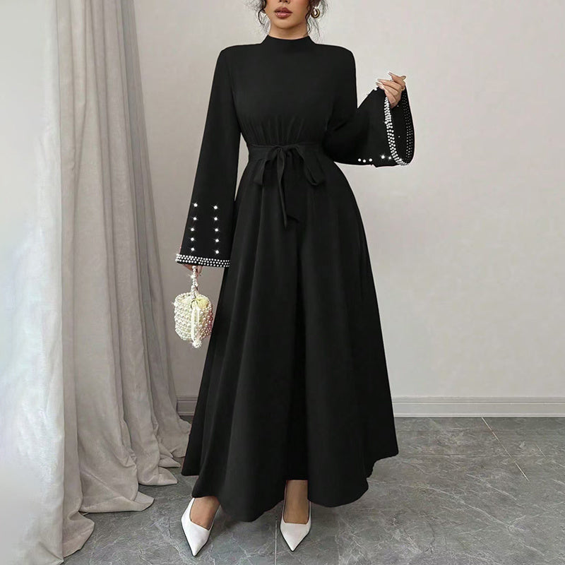 Elegant High-Neck Maxi Gown | Long Sleeve Embellished Belt Event Dress Feminé Luxé