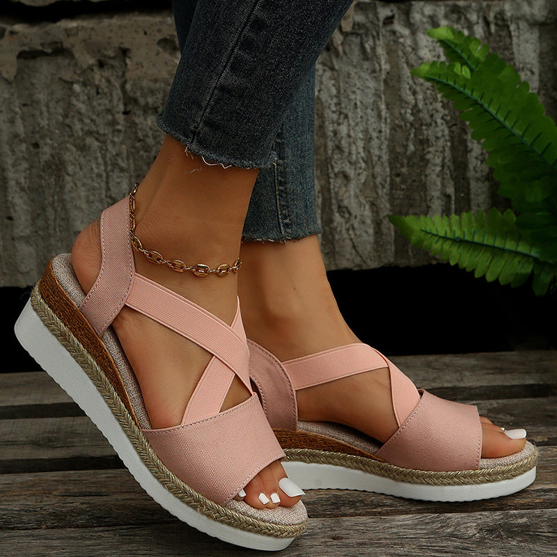 The Rhodes Gladiator Wedge: Cross-Strap Platform Canvas Heel Feminé Luxé