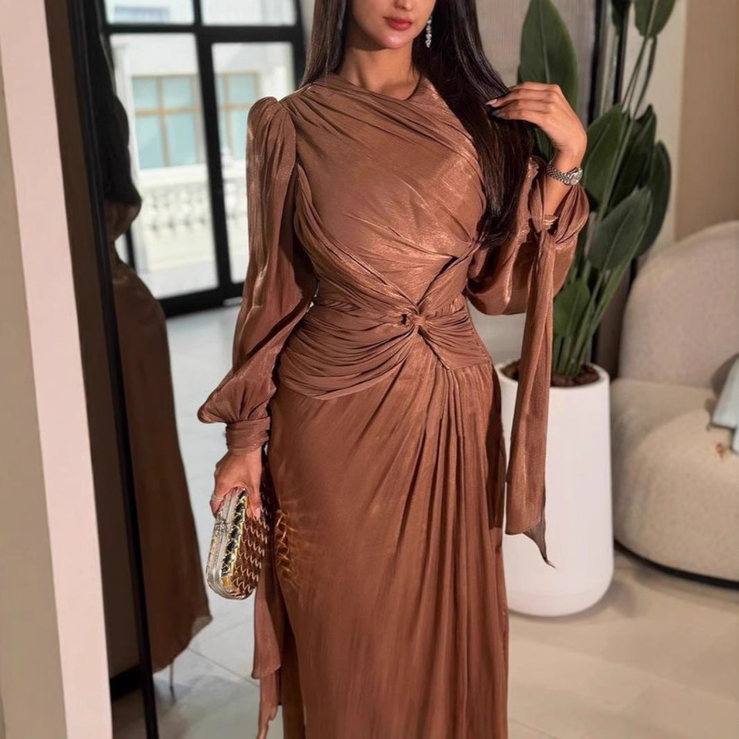 Pleated Bronze Satin Maxi Evening Dress Feminé Luxé