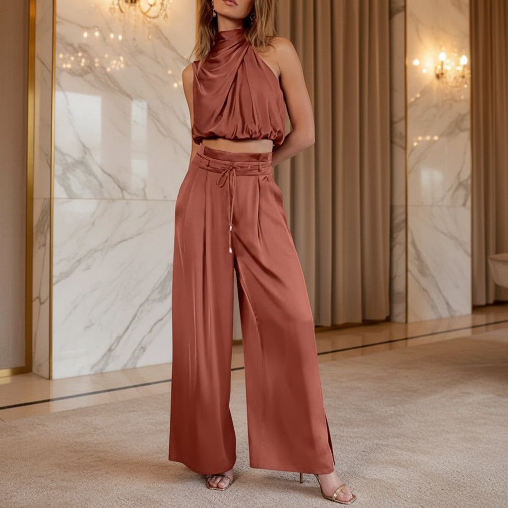 The Riviera Halter Crop Top & Wide-Leg Trousers Set | Summer Luxe Co-Ord Feminé Luxé