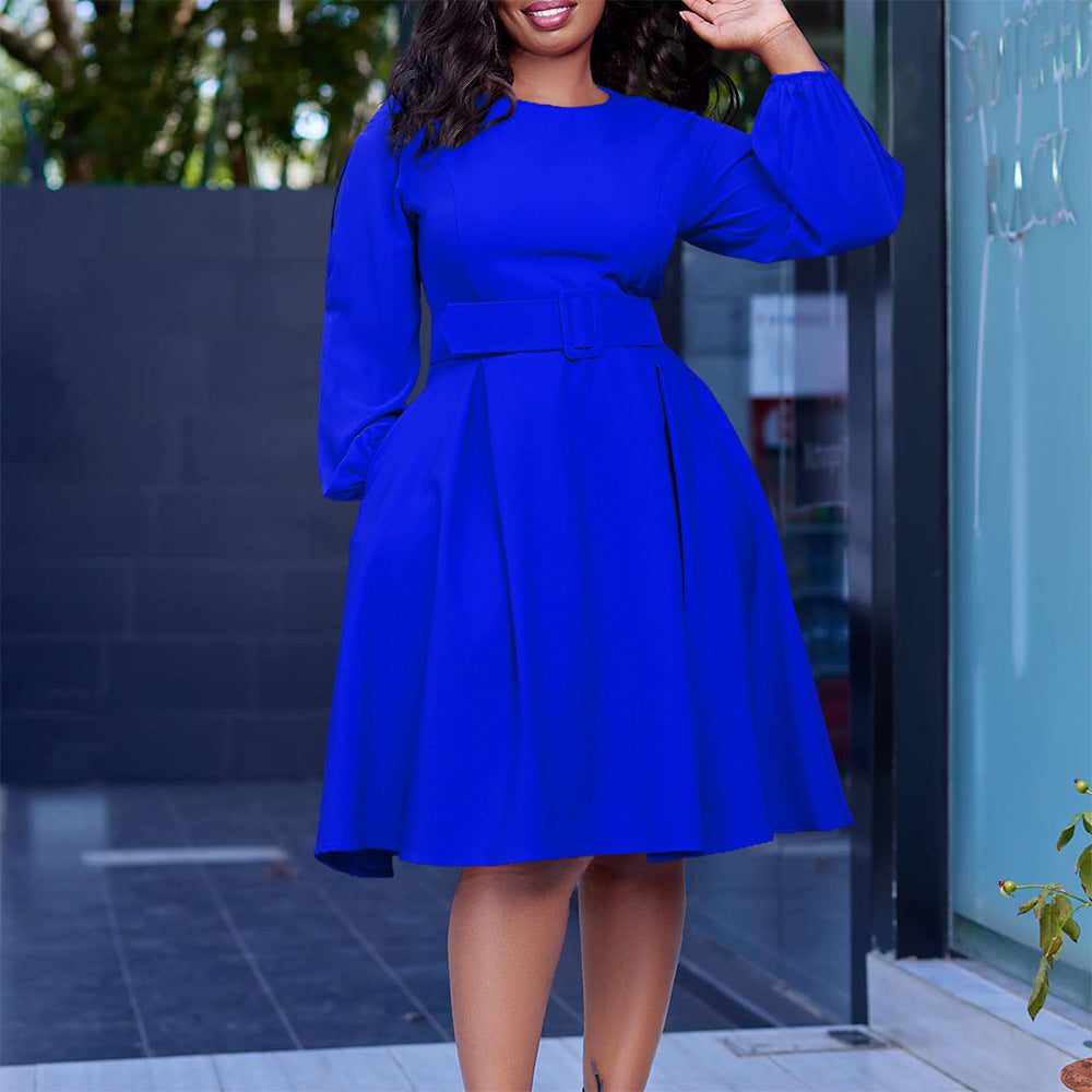 Belted Long Sleeve Swing Dress Feminé Luxé