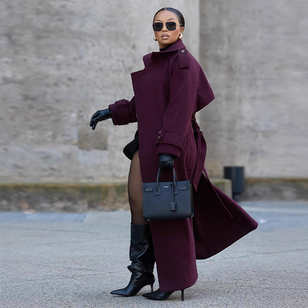 The Elegant Lace-Up Coat: Deep Plum Wool Blend Outerwear Feminé Luxé