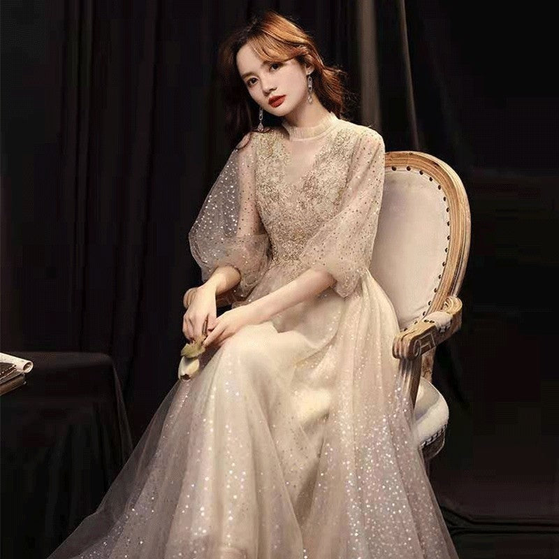 Golden Glitter Sheer Sleeve Banquet Evening Gown Feminé Luxé