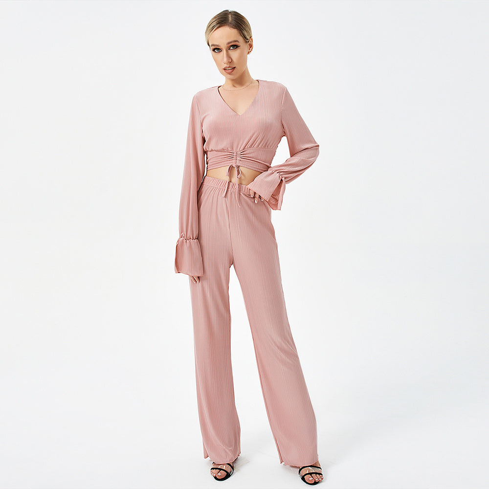 The Wine Noir Ribbed Bell-Sleeve Co-ord Set | Deep V-Neck & Flare Trousers Feminé Luxé