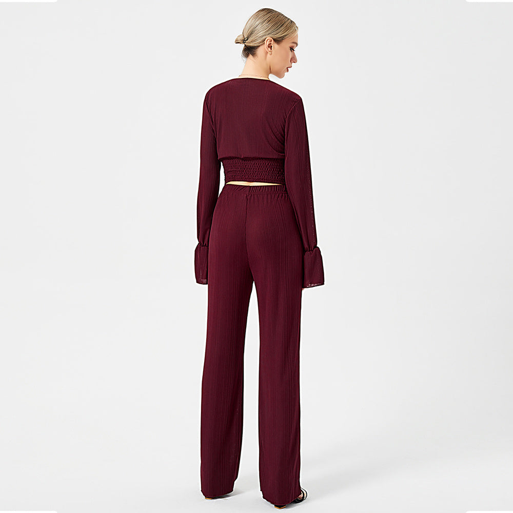 The Wine Noir Ribbed Bell-Sleeve Co-ord Set | Deep V-Neck & Flare Trousers Feminé Luxé