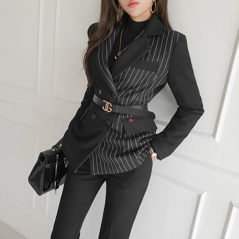 Elegant Black Pinstripe Blazer & Slim Pant Suit Set Feminé Luxé