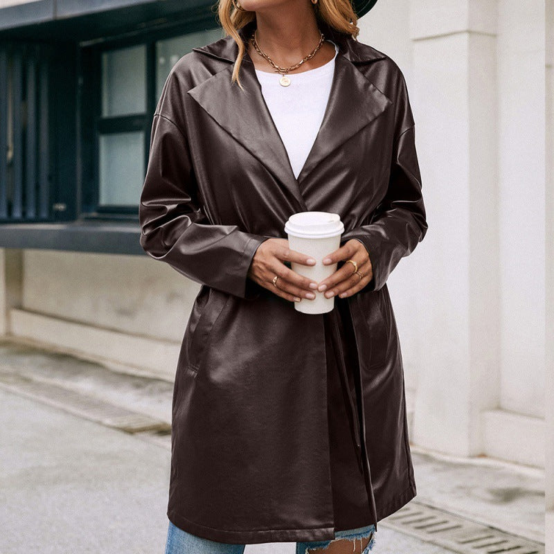 The 'Noir Luxe' Mid-Length Vegan Leather Trench Coat | Belted Wrap Style Feminé Luxé