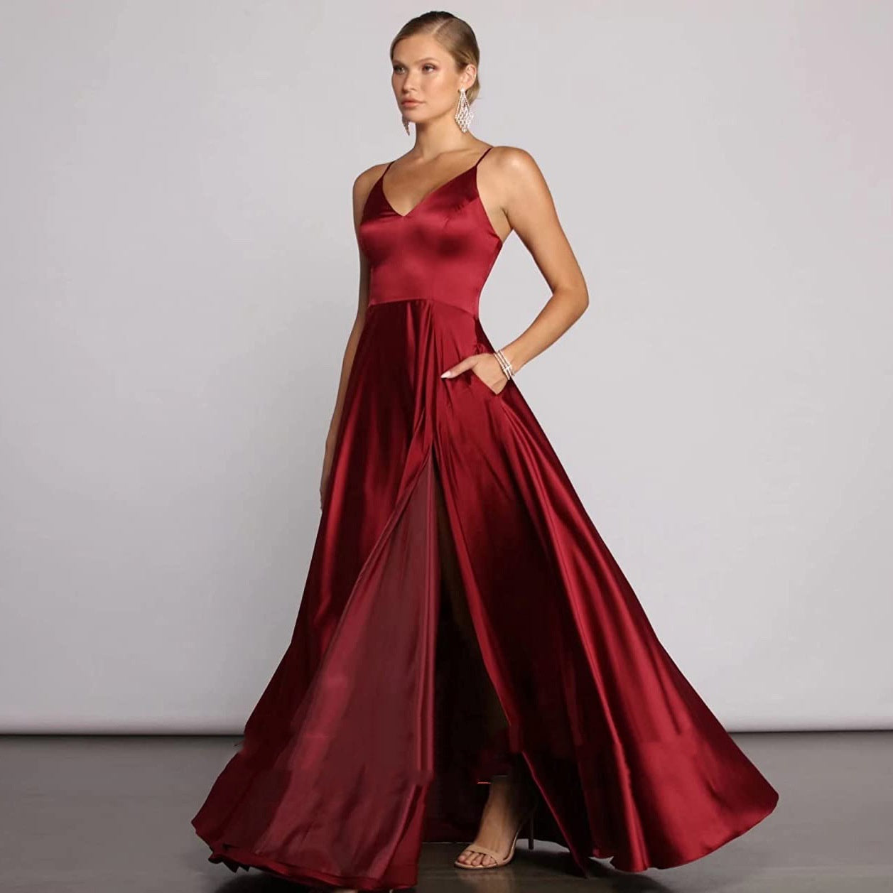 Elegant Satin V-Neck A-Line Long Evening Dress Feminé Luxé