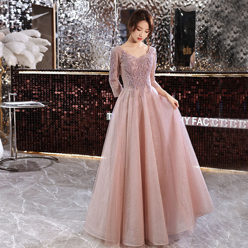 Elegant Long Sleeve Lace & Tulle Evening Gown in Soft Pink Feminé Luxé