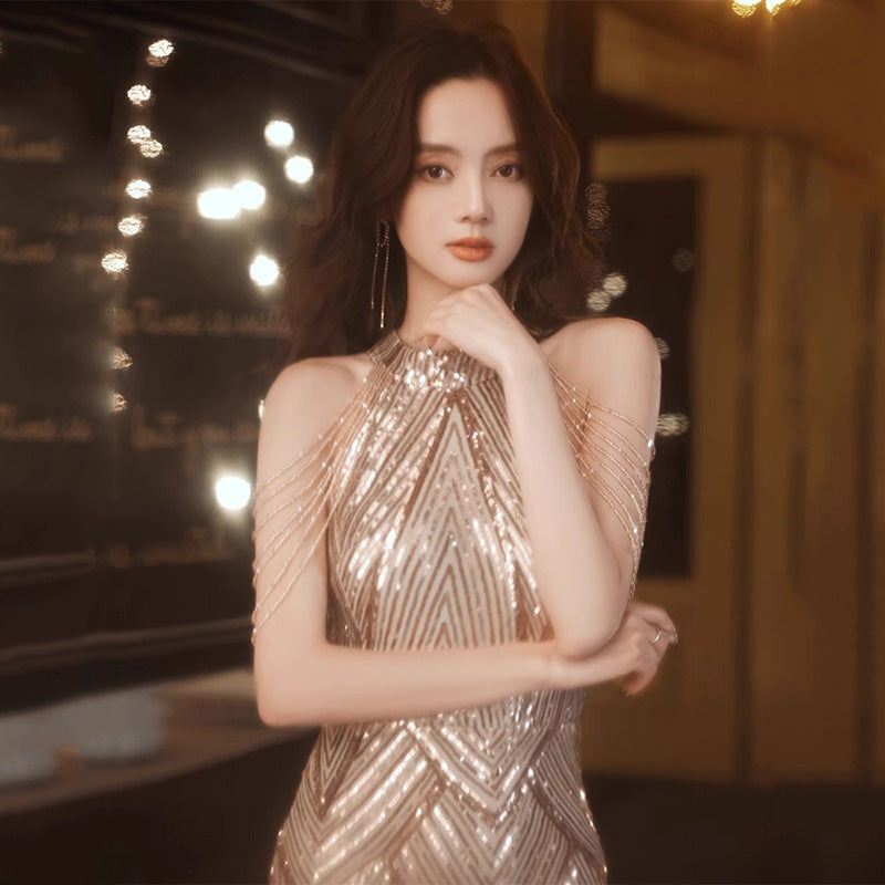 Champagne Sequin Halter Neck Fishtail Evening Gown Feminé Luxé